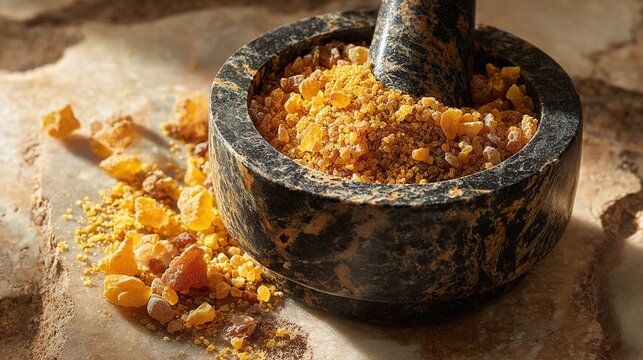 boswellia. Marble mortar containing freshly crushed amber-colored resin on a stone surface. menu design, packaging mockups, designed for culinary blogs and recipe cards for restaurants.