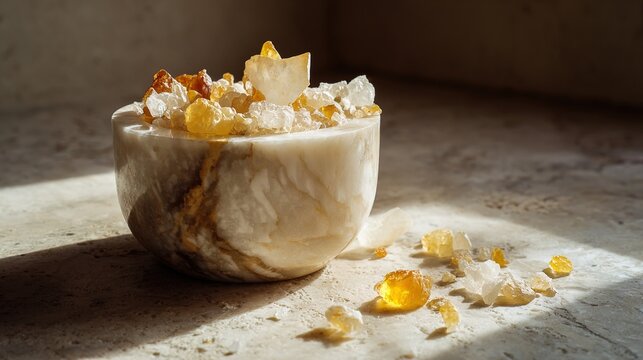 boswellia. Marble mortar containing freshly crushed amber-colored resin on a stone surface. menu design, packaging mockups, designed for culinary blogs and recipe cards for restaurants.
