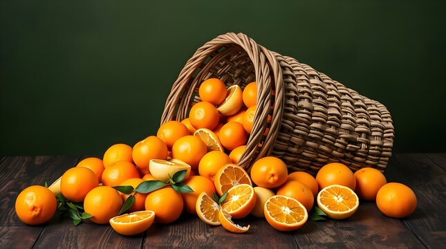 Wicker Basket Spilling Ripe, Whole Oranges with Sliced Halves on a Dark Green Surface
- Powered by Adobe