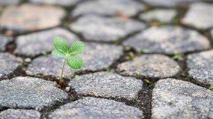plantago. Plant growing through cracks in a stone pavement with morning dew. ESG reports, sustainability campaigns, designed for sustainability communications and ESG reporting.