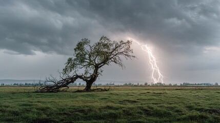 predictability. A solitary tree struck by lightning during a storm with dramatic sky. ESG reports, sustainability campaigns, designed for sustainability communications and ESG reporting.