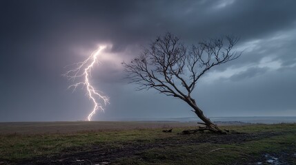 predictability. A solitary tree struck by lightning during a storm with dramatic sky. ESG reports, sustainability campaigns, designed for sustainability communications and ESG reporting.