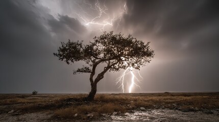 predictability. A solitary tree struck by lightning during a storm with dramatic sky. ESG reports, sustainability campaigns, designed for sustainability communications and ESG reporting.