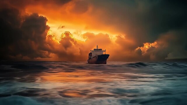 Dramatic Cargo Ship Navigating Through Stormy Seas Under a Fiery Orange and Dark Grey Cloudy Sky With Intense Golden Light Breaking Through the Clouds at Dusk