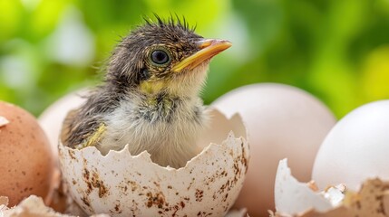 precocial. A baby bird emerging from a cracked eggshell in the morning sunlight. wildlife magazines, conservation campaigns, designed for nature documentaries and education, used by sports marketers.