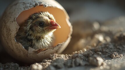precocial. A baby bird emerging from a cracked eggshell in the morning sunlight. wildlife magazines, conservation campaigns, designed for nature documentaries and education, used by sports marketers.