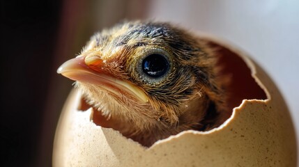 precocial. A baby bird emerging from a cracked eggshell in the morning sunlight. wildlife magazines, conservation campaigns, designed for nature documentaries and education, used by sports marketers.