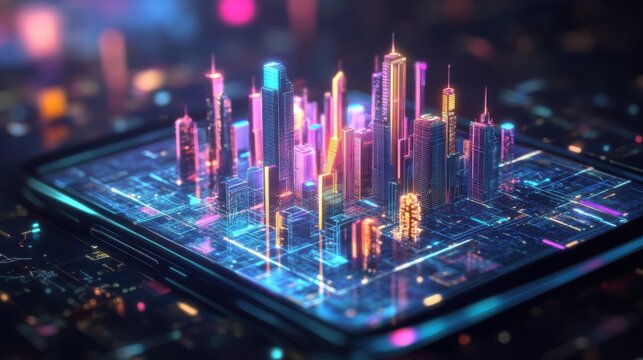 A glowing digital city representing a modern marketplace