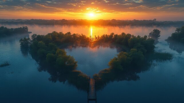 Heart-Shaped Island at Sunrise - A Romantic Landscape.