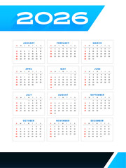 printable 2026 calendar business theme layout in white blue