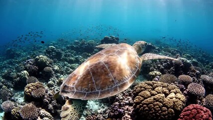 Tranquil scene of a sea turtle resting amongst colorful soft corals, illustrating the delicate beauty and critical importance of healthy ocean environments.