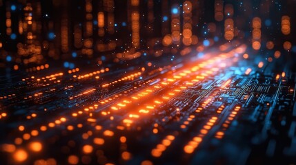 Abstract Technology Landscape with Glowing Lights and Data Streams.