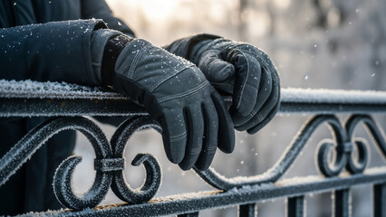 Gloved hands resting on icy railing, symbol of winter tranquility and warmth