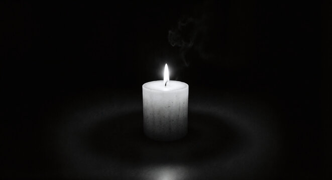 A lit candle is centered against a black background. Smoke rises from the candle's extinguished wick.