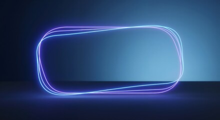a glowing neon frame in shades of blue and purple against a dark blue background. The frame has rounded corners and appears to float.