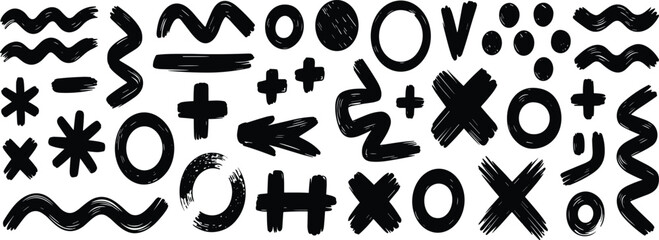 Brushstroke symbol icon set, expressive hand-drawn shapes, abstract marks, arrows, and graphic elements for creative design