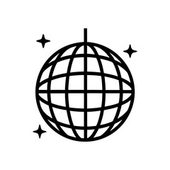 A simple linear icon of a disco ball with sparkles, symbolizing parties, dance floors, and nightlife.