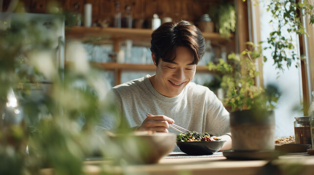 Korean home meal with a smiling young man at the dining table