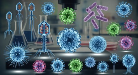 Microscopic world: Detailed visualization of viruses and bacteria under laboratory research