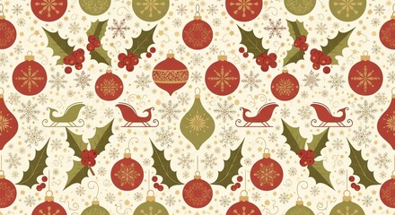 A traditional holiday seamless pattern with red and green Christmas ornaments, holly berries, and classic sleigh illustrations