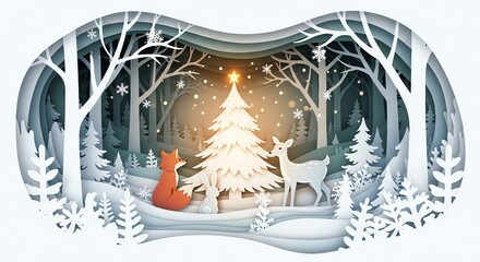 Naklejka premium A serene winter forest diorama crafted in a digital paper art style, featuring a friendly fox and deer beside a luminous Christmas tree