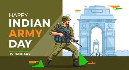 Happy indian army day soldier standing proudly in front of india gate