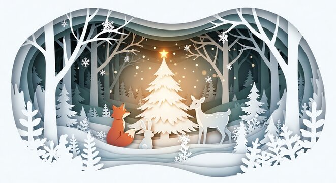 A serene winter forest diorama crafted in a digital paper art style, featuring a friendly fox and deer beside a luminous Christmas tree