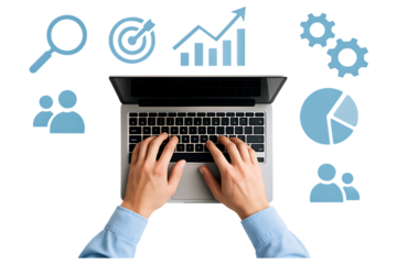 Business Analytics Concept with Laptop and Data Icons – Isolated on Transparent Background