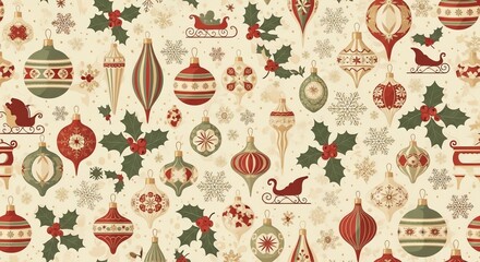 Vintage holiday background featuring classic Christmas ornaments, snowflakes, and sleighs in a festive seamless pattern