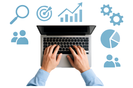 Business Analytics Concept with Laptop and Data Icons – Isolated on Transparent Background