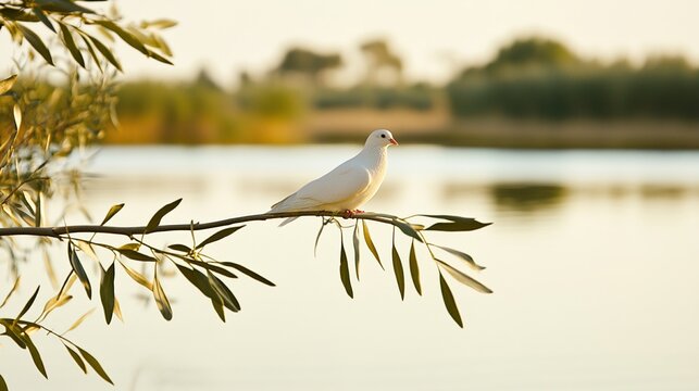 infamy. White dove perched on olive branch against calm lake at dawn. wildlife magazines, conservation campaigns, designed for wildlife conservation campaigns, used by retail merchandisers.