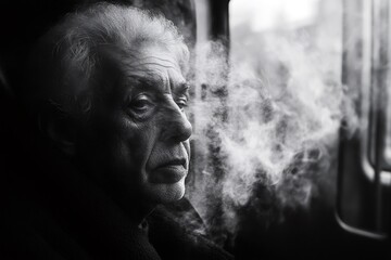 Elderly man contemplating with steam by window