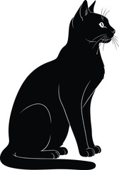 Black Cat Silhouette Illustration – Isolated on Transparent Background Sitting Cat Line Art Vector Design
