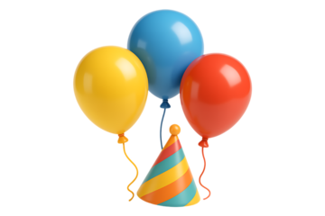 Colorful Party Balloons and Hat Isolated on Transparent Background