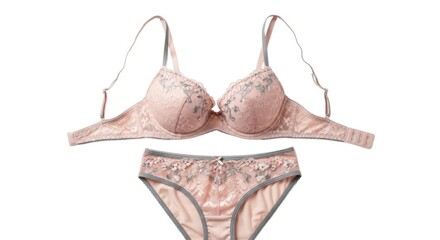 Delicate lacy pink and beige bra and panty lingerie set for women white background