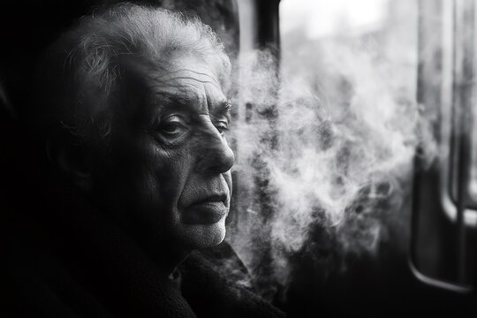 Elderly man contemplating with steam by window