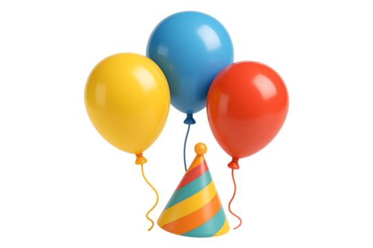 Colorful Party Balloons and Hat Isolated on Transparent Background