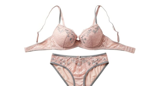Delicate lacy pink and beige bra and panty lingerie set for women white background