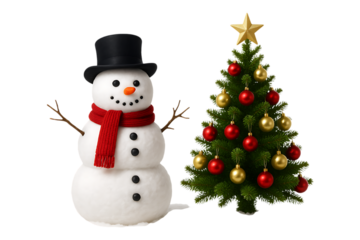 Cute Snowman with Decorated Christmas Tree Holiday Scene Isolated on Transparent Background