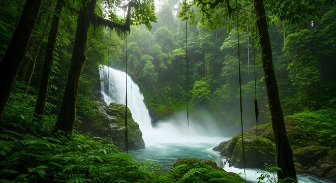 Powerful Waterfall Cascading into Turquoise Pool in Lush Tropical Rainforest - Powered by Adobe