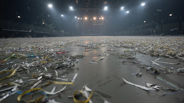 Wide-angle photo of empty concert venue floor aftermath, covered in chaotic trampled confetti, paper banners, and muddy debris illuminated by desolate harsh house lights.