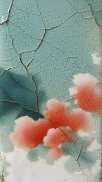 Abstract ancient pottery texture featuring pale teal celadon glaze with dense spiderweb crackle pattern and deep vermilion red pigment highlighting the veins in macro detail.