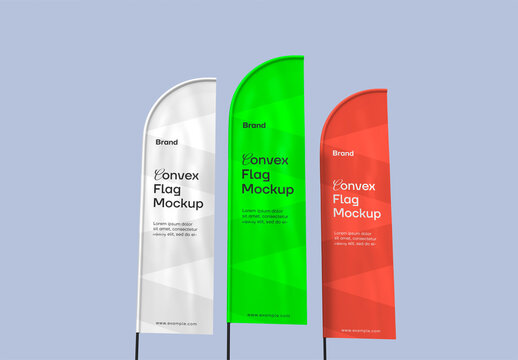 Three Event Convex Flag Mockup Outdoor Branding Display Template