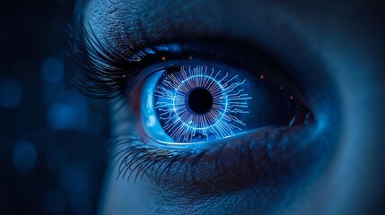 Close-up of a futuristic digital eye featuring intricate circuit patterns