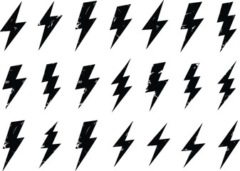Lightning bolt icon set, black silhouette vector, stylized electric flash symbols, graphic energy and power design elements