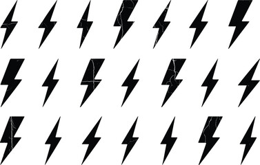 Lightning bolt icon set, black vector symbols with distortion and variation for energy, puzzle, or abstract themes