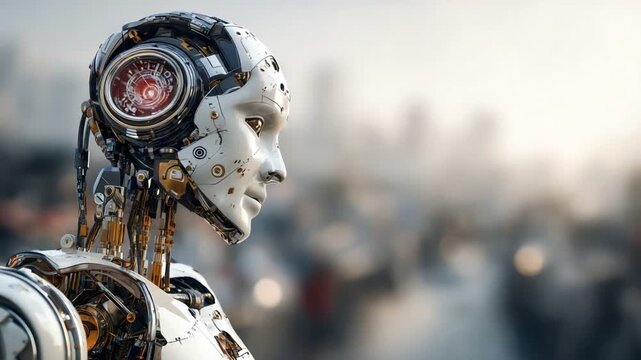 A futuristic robot stands in profile against a bustling city backdrop, showcasing advanced technology and intricate design