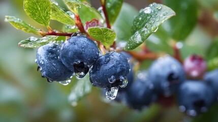 Fresh Blueberries with Water Droplets on the Bush.