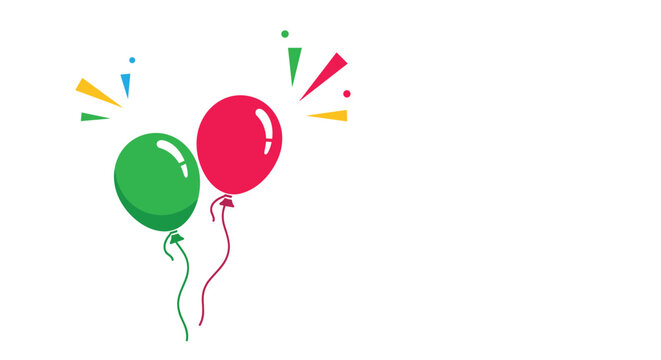 Simple and festive illustration of a green and a red balloon with confetti, perfect for birthday cards and party invitations.