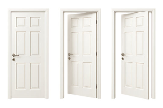 Set of White Interior Doors in Different Open Positions Isolated on Transparent Background